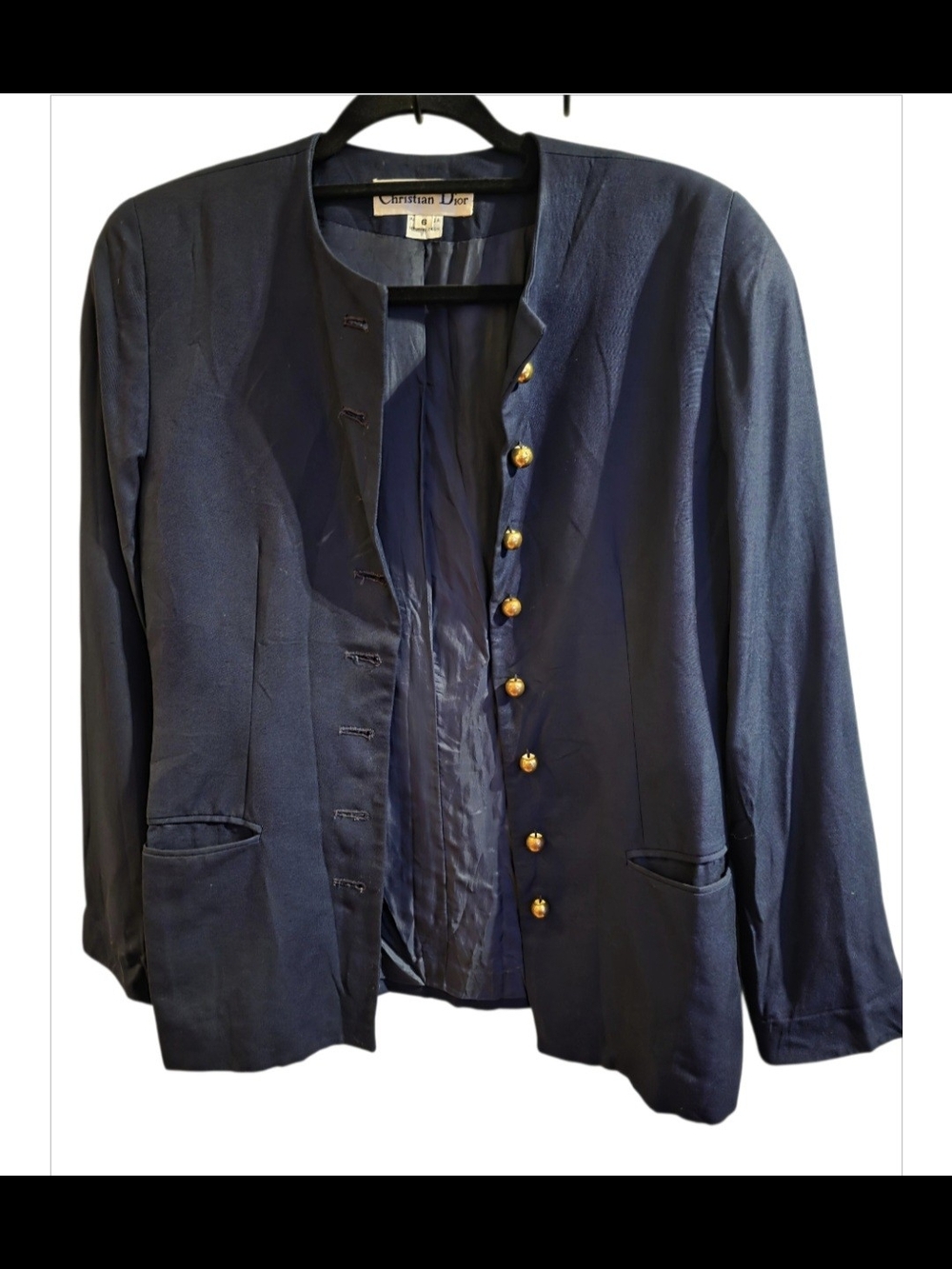 Vintage Christian Dior Collarless Navy Blazer Gold Button Jacket 6